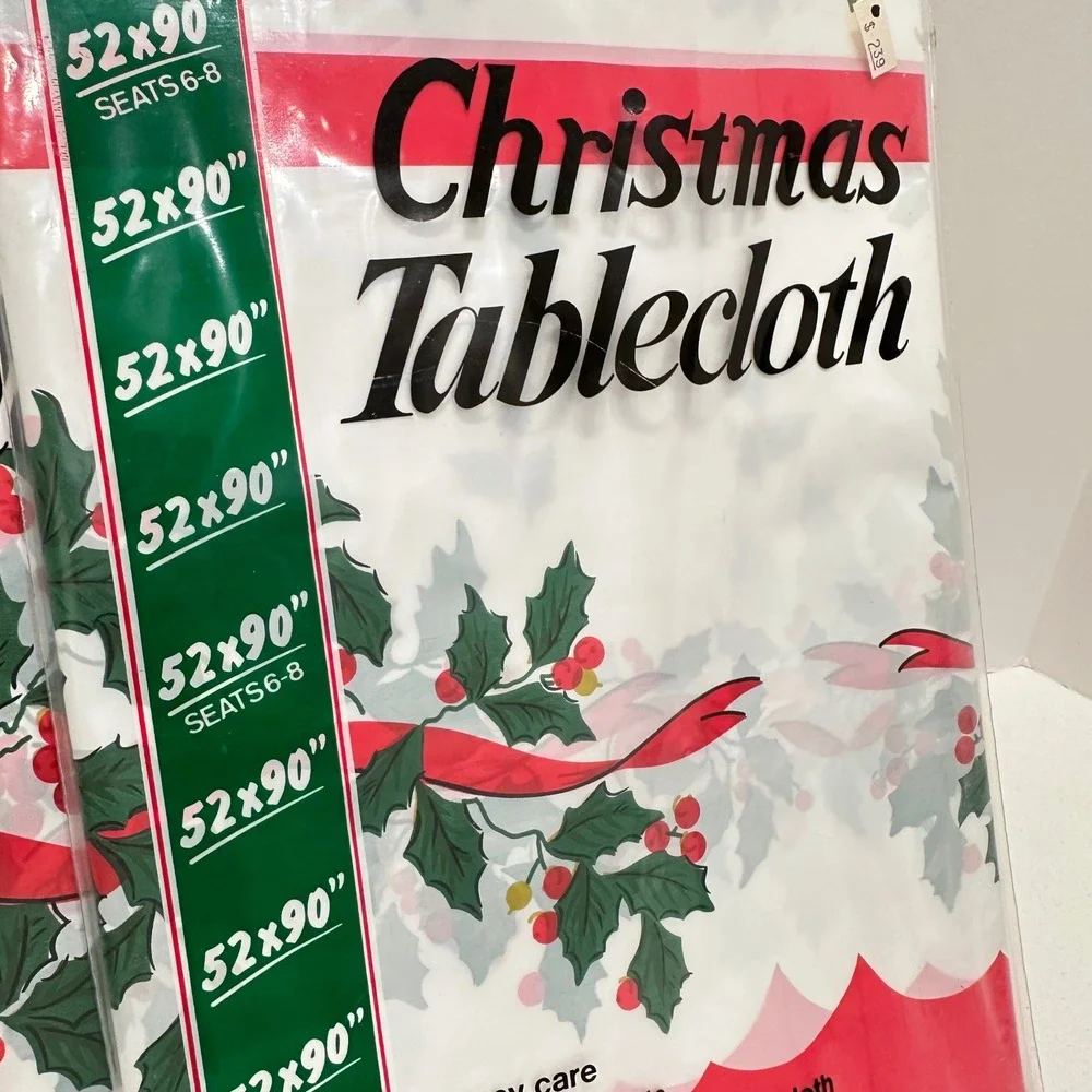 Vtg Maytex Mills Christmas Tablecloth Lot of 2 Holly Berry Red Bow Plastic 52x90